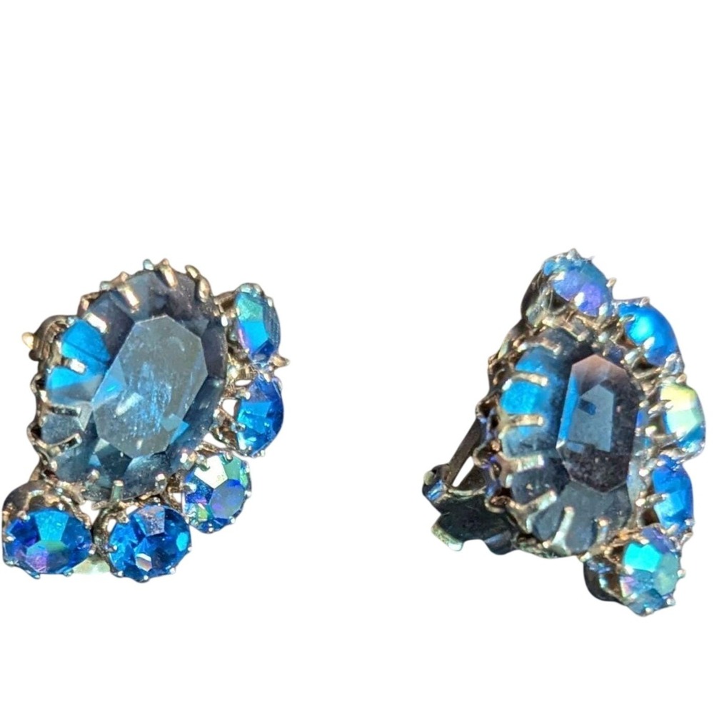 Vintage Austria Blue Aurora Borealis Crystal Clip On Earrings Mid Century Estate